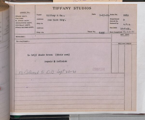 Tiffany Studios Lamp Department Ledger Book, Tiffany Studios (1902–32), pencil and ink on paper, American