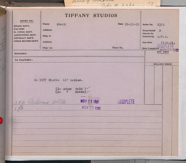 Tiffany Studios Lamp Department Ledger Book, Tiffany Studios (1902–32), pencil and ink on paper, American