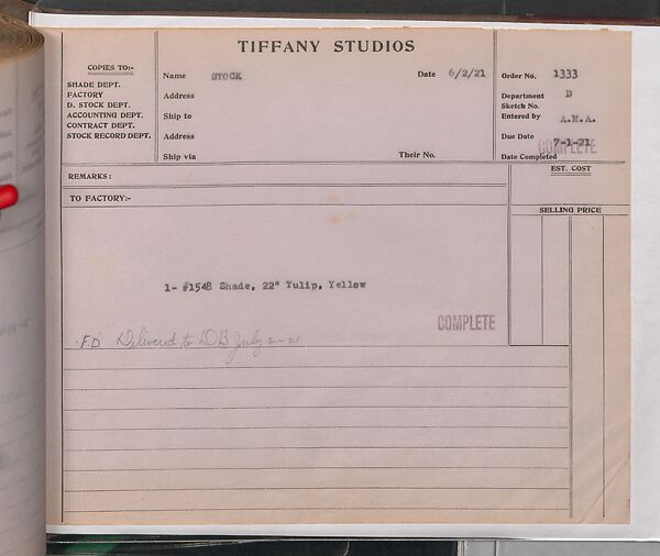 Tiffany Studios Lamp Department Ledger Book, Tiffany Studios (1902–32), pencil and ink on paper, American