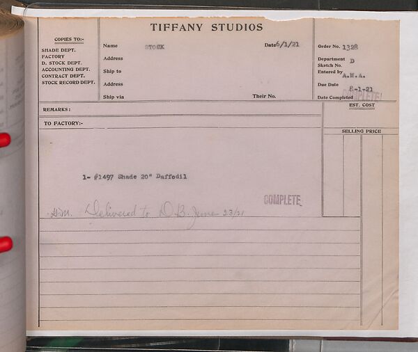 Tiffany Studios Lamp Department Ledger Book, Tiffany Studios (1902–32), pencil and ink on paper, American