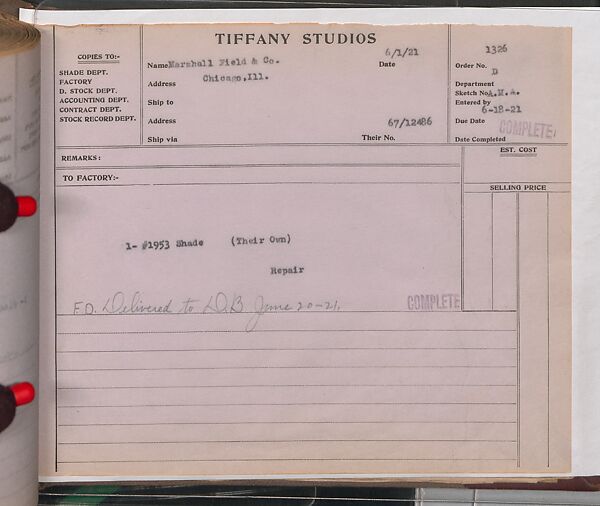 Tiffany Studios Lamp Department Ledger Book, Tiffany Studios (1902–32), pencil and ink on paper, American