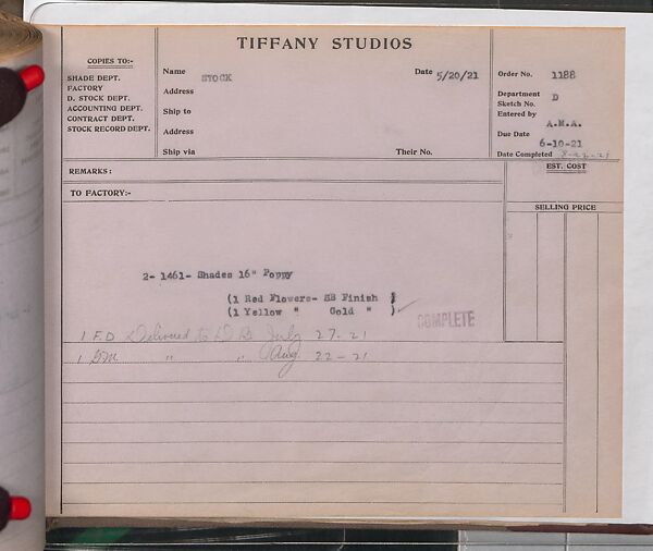 Tiffany Studios Lamp Department Ledger Book, Tiffany Studios (1902–32), pencil and ink on paper, American