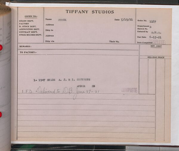 Tiffany Studios Lamp Department Ledger Book, Tiffany Studios (1902–32), pencil and ink on paper, American