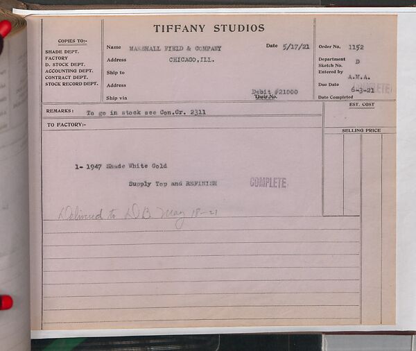 Tiffany Studios Lamp Department Ledger Book, Tiffany Studios (1902–32), pencil and ink on paper, American