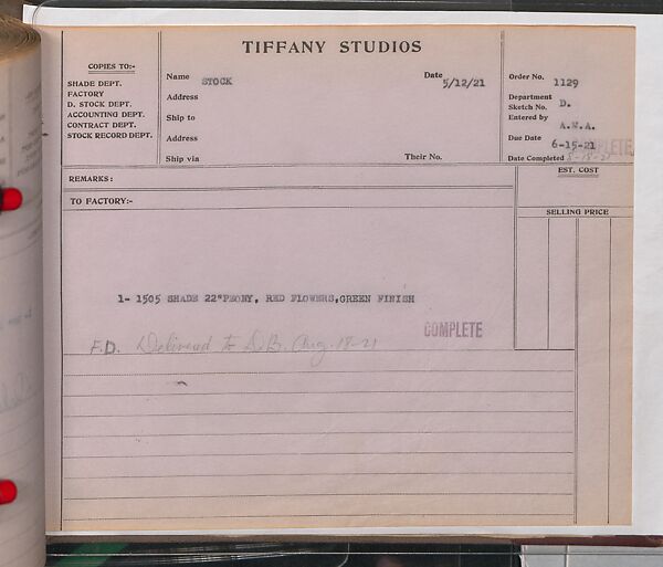 Tiffany Studios Lamp Department Ledger Book, Tiffany Studios (1902–32), pencil and ink on paper, American