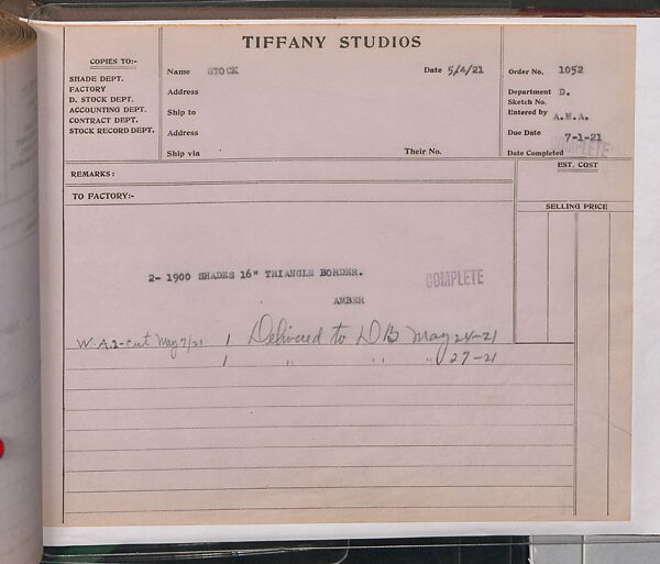 Tiffany Studios Lamp Department Ledger Book, Tiffany Studios (1902–32), pencil and ink on paper, American