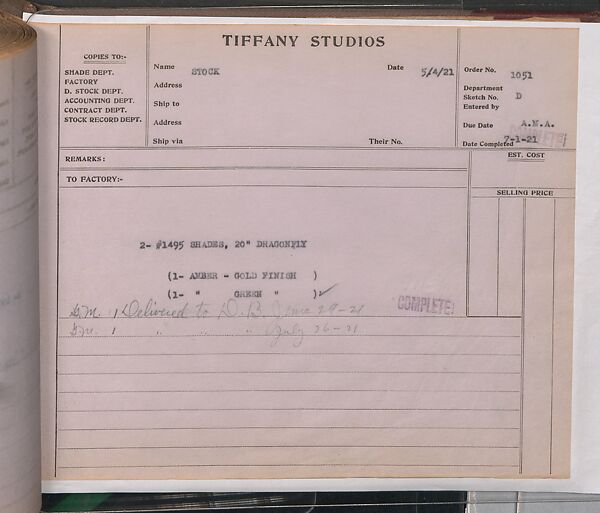 Tiffany Studios Lamp Department Ledger Book, Tiffany Studios (1902–32), pencil and ink on paper, American