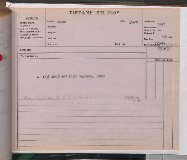 Tiffany Studios Lamp Department Ledger Book, Tiffany Studios (1902–32), pencil and ink on paper, American