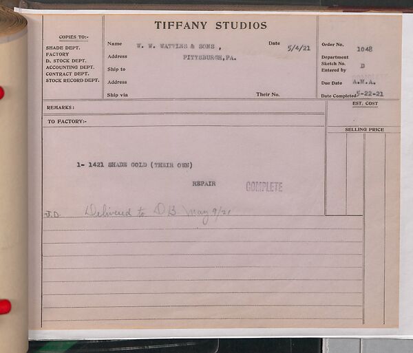 Tiffany Studios Lamp Department Ledger Book, Tiffany Studios (1902–32), pencil and ink on paper, American