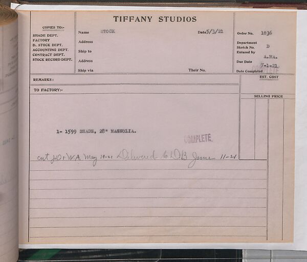Tiffany Studios Lamp Department Ledger Book, Tiffany Studios (1902–32), pencil and ink on paper, American