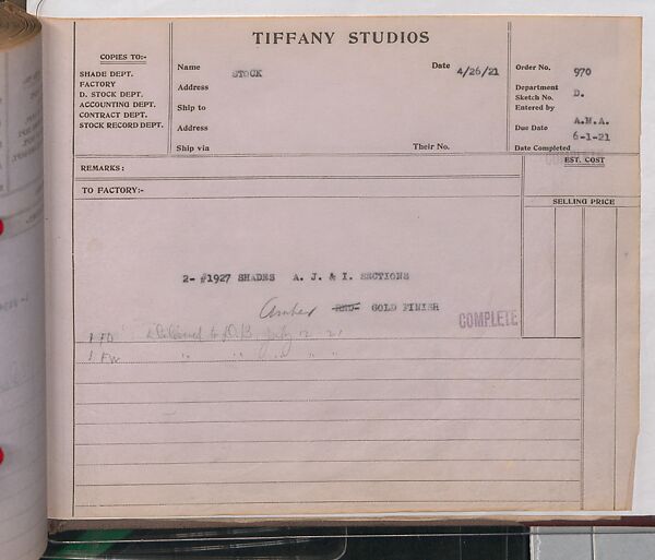 Tiffany Studios Lamp Department Ledger Book, Tiffany Studios (1902–32), pencil and ink on paper, American