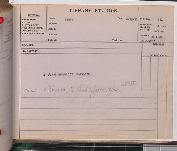 Tiffany Studios Lamp Department Ledger Book, Tiffany Studios (1902–32), pencil and ink on paper, American
