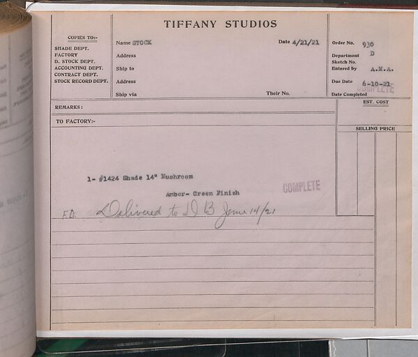 Tiffany Studios Lamp Department Ledger Book, Tiffany Studios (1902–32), pencil and ink on paper, American