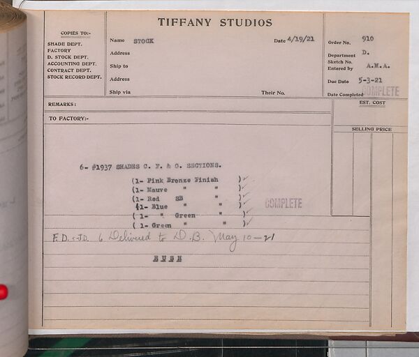 Tiffany Studios Lamp Department Ledger Book, Tiffany Studios (1902–32), pencil and ink on paper, American