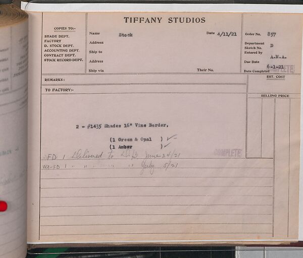 Tiffany Studios Lamp Department Ledger Book, Tiffany Studios (1902–32), pencil and ink on paper, American