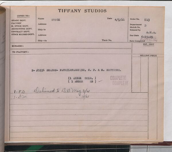 Tiffany Studios Lamp Department Ledger Book, Tiffany Studios (1902–32), pencil and ink on paper, American
