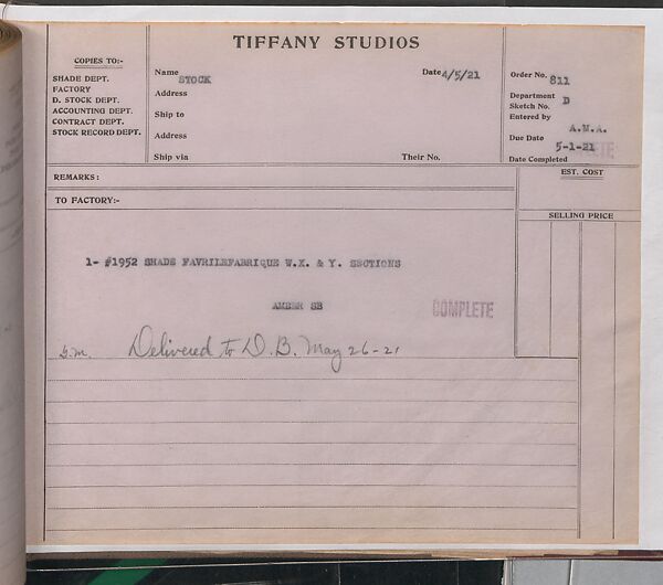 Tiffany Studios Lamp Department Ledger Book, Tiffany Studios (1902–32), pencil and ink on paper, American