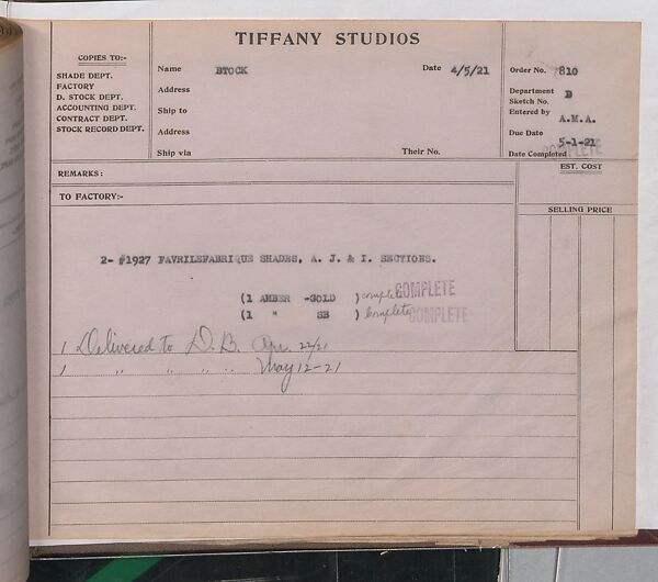 Tiffany Studios Lamp Department Ledger Book, Tiffany Studios (1902–32), pencil and ink on paper, American
