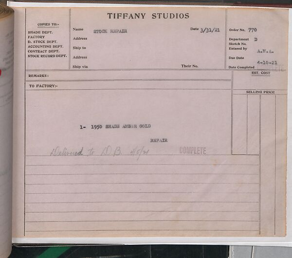 Tiffany Studios Lamp Department Ledger Book, Tiffany Studios (1902–32), pencil and ink on paper, American