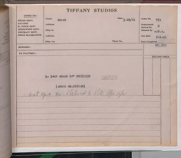 Tiffany Studios Lamp Department Ledger Book, Tiffany Studios (1902–32), pencil and ink on paper, American