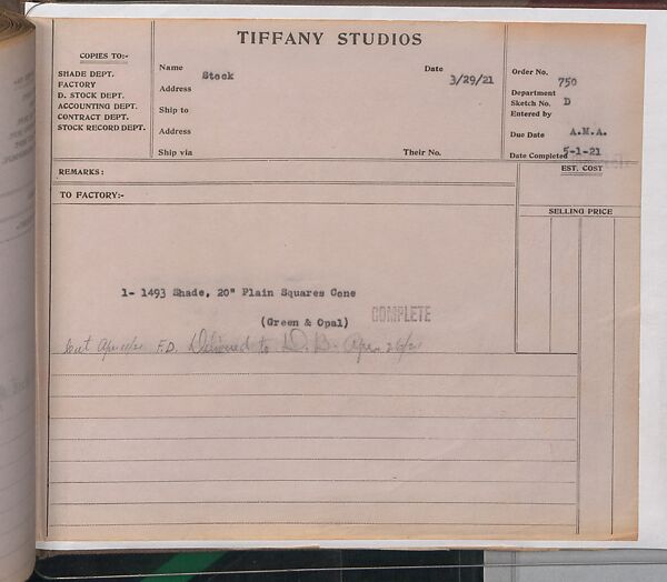 Tiffany Studios Lamp Department Ledger Book, Tiffany Studios (1902–32), pencil and ink on paper, American