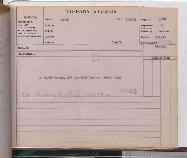 Tiffany Studios Lamp Department Ledger Book, Tiffany Studios (1902–32), pencil and ink on paper, American