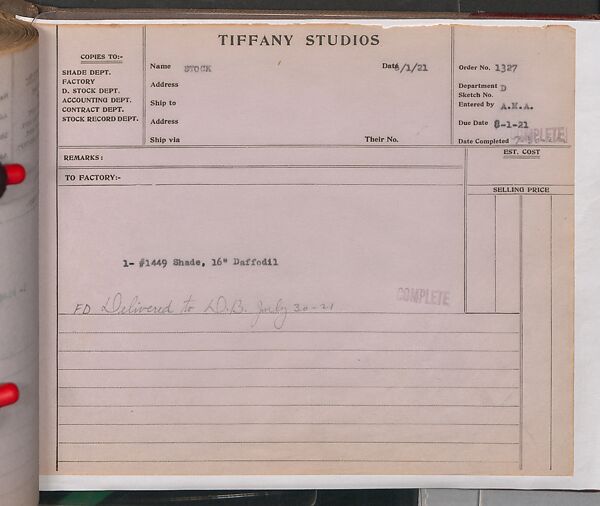 Tiffany Studios Lamp Department Ledger Book, Tiffany Studios (1902–32), pencil and ink on paper, American