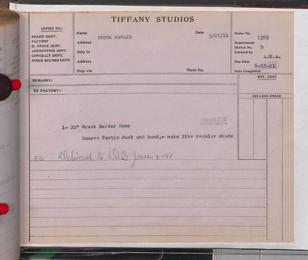 Tiffany Studios Lamp Department Ledger Book, Tiffany Studios (1902–32), pencil and ink on paper, American