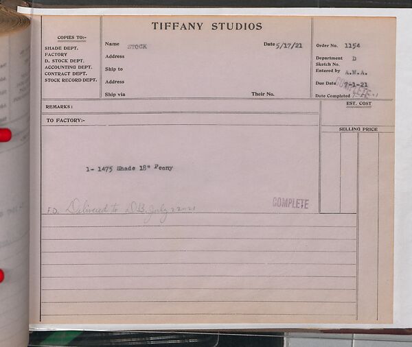 Tiffany Studios Lamp Department Ledger Book, Tiffany Studios (1902–32), pencil and ink on paper, American