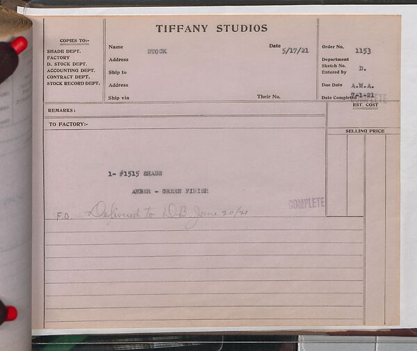 Tiffany Studios Lamp Department Ledger Book, Tiffany Studios (1902–32), pencil and ink on paper, American