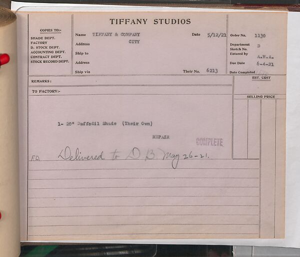 Tiffany Studios Lamp Department Ledger Book, Tiffany Studios (1902–32), pencil and ink on paper, American
