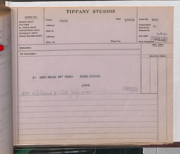 Tiffany Studios Lamp Department Ledger Book, Tiffany Studios (1902–32), pencil and ink on paper, American