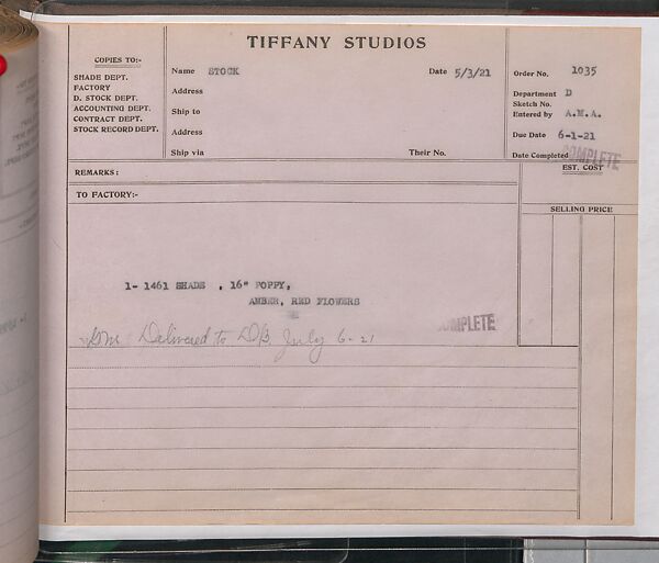 Tiffany Studios Lamp Department Ledger Book, Tiffany Studios (1902–32), pencil and ink on paper, American