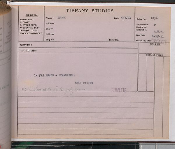 Tiffany Studios Lamp Department Ledger Book, Tiffany Studios (1902–32), pencil and ink on paper, American