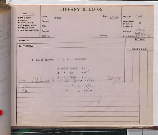 Tiffany Studios Lamp Department Ledger Book, Tiffany Studios (1902–32), pencil and ink on paper, American