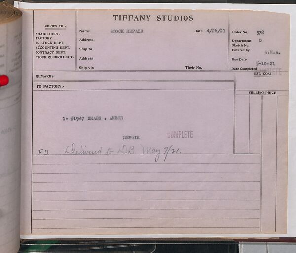 Tiffany Studios Lamp Department Ledger Book, Tiffany Studios (1902–32), pencil and ink on paper, American