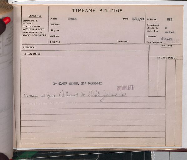 Tiffany Studios Lamp Department Ledger Book, Tiffany Studios (1902–32), pencil and ink on paper, American