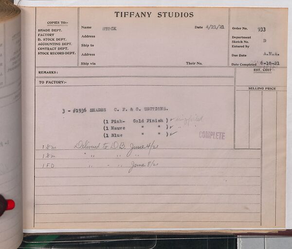 Tiffany Studios Lamp Department Ledger Book, Tiffany Studios (1902–32), pencil and ink on paper, American