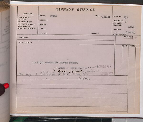 Tiffany Studios Lamp Department Ledger Book, Tiffany Studios (1902–32), pencil and ink on paper, American