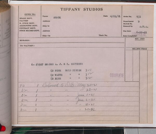 Tiffany Studios Lamp Department Ledger Book, Tiffany Studios (1902–32), pencil and ink on paper, American