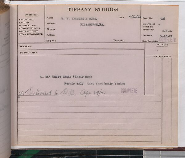 Tiffany Studios Lamp Department Ledger Book, Tiffany Studios (1902–32), pencil and ink on paper, American