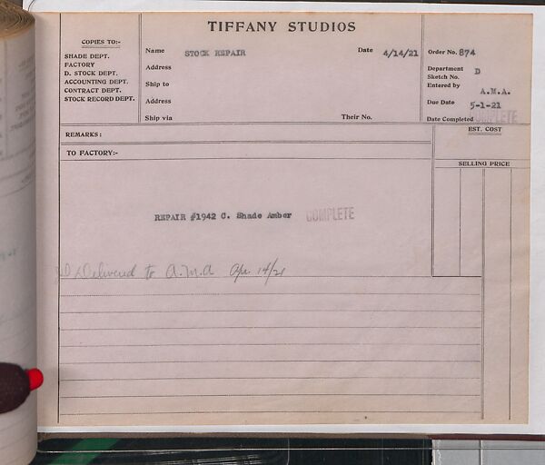 Tiffany Studios Lamp Department Ledger Book, Tiffany Studios (1902–32), pencil and ink on paper, American