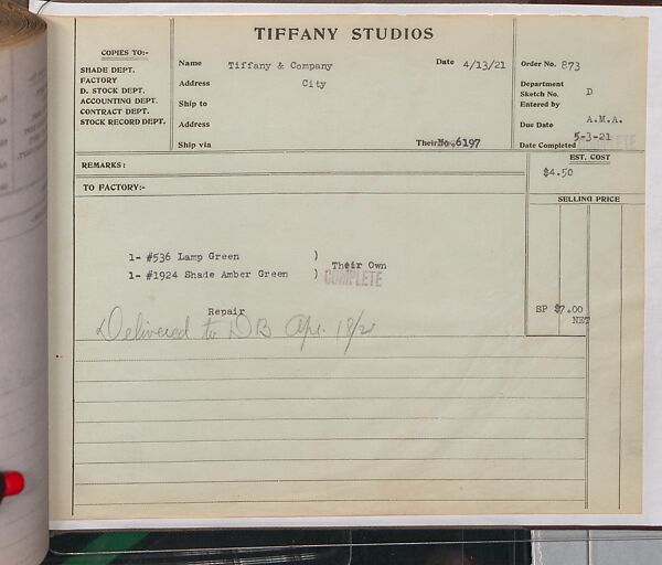 Tiffany Studios Lamp Department Ledger Book, Tiffany Studios (1902–32), pencil and ink on paper, American