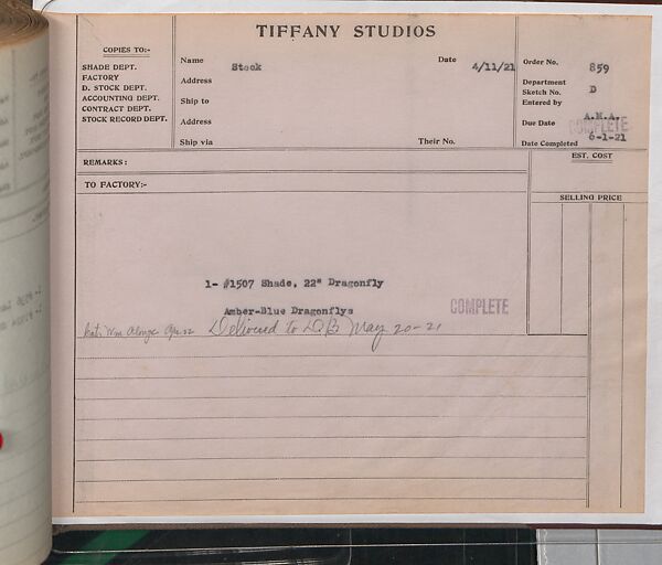 Tiffany Studios Lamp Department Ledger Book, Tiffany Studios (1902–32), pencil and ink on paper, American