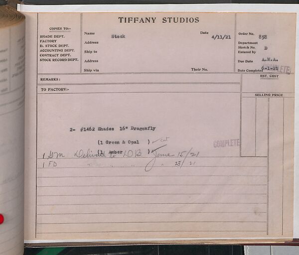 Tiffany Studios Lamp Department Ledger Book, Tiffany Studios (1902–32), pencil and ink on paper, American