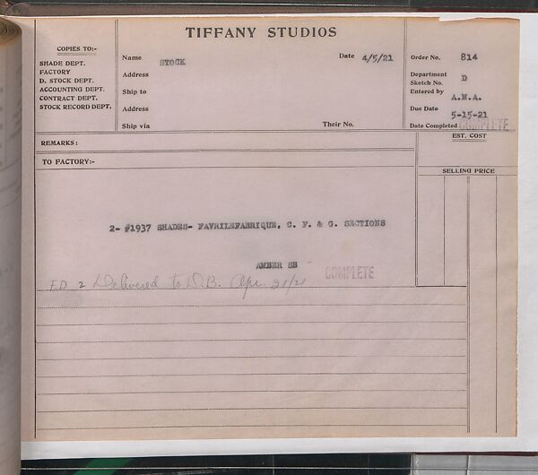 Tiffany Studios Lamp Department Ledger Book, Tiffany Studios (1902–32), pencil and ink on paper, American