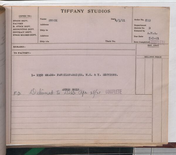 Tiffany Studios Lamp Department Ledger Book, Tiffany Studios (1902–32), pencil and ink on paper, American