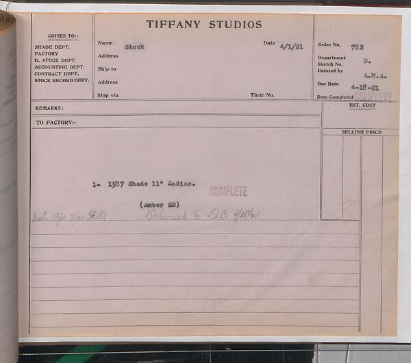 Tiffany Studios Lamp Department Ledger Book, Tiffany Studios (1902–32), pencil and ink on paper, American