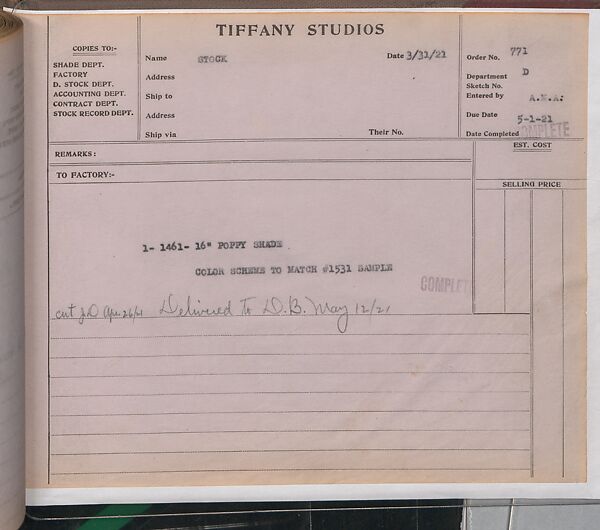 Tiffany Studios Lamp Department Ledger Book, Tiffany Studios (1902–32), pencil and ink on paper, American