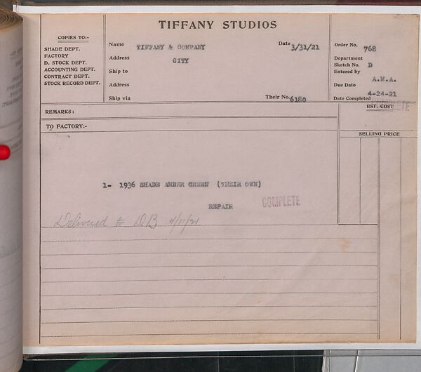 Tiffany Studios Lamp Department Ledger Book, Tiffany Studios (1902–32), pencil and ink on paper, American
